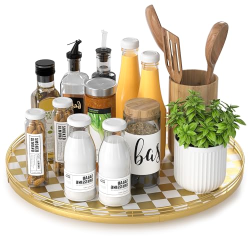16 Inch Gold and White Checkerboard Lazy Susan with Rubberwood Base (Gold & White / 16 inches)