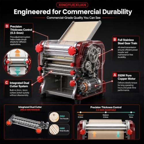 Electric Pasta Making Machine Commercial Noodle Spaghetti Maker Dough Roller with 2mm (Red / 2/6MM)