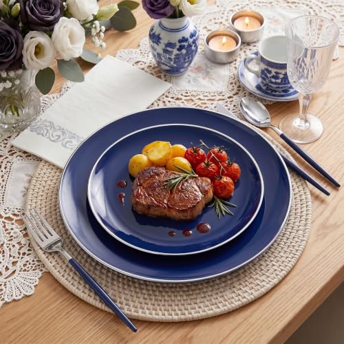 175Pcs Blue Plastic Plates with Silver Rim & Disposable Silverware with Blue Handle & Silver (Blue and Gold / 175)