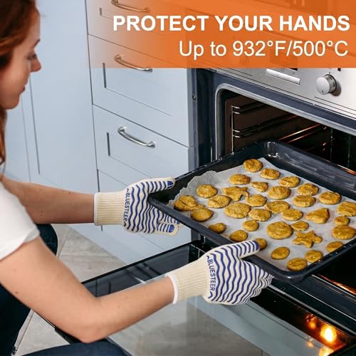 Oven Gloves 932°F Heat Resistant Oven Mitts with Fingers (White-blue / One Size Fits Most)