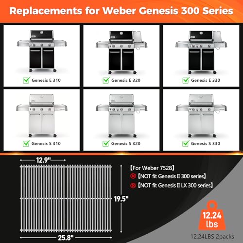 19.5" Grill Grates for Weber Genesis 300 Series (19.5" x 12.9" 2 Pack)