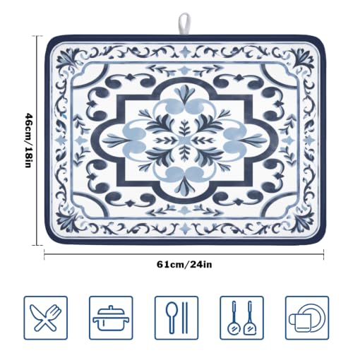 Navy Flower Dish Drying Mat Modern Boho Microfiber Dishes Drainer Pad 18x24 Inch Absorbent Fast Dry Dish Rack Mat for Kitchen Counter Sink (Boho Navy Floral / 18x24 inch)