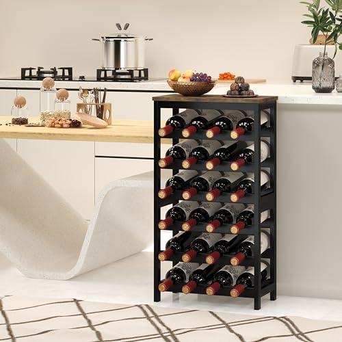 6 Tier Bamboo Wine Rack Freestanding Floor (24 Bottles / Rustic Brown and Black)
