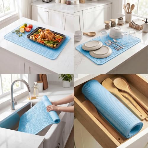 Silicone Dish Drying Mat for Multiple Usage (Light Blue / 32"L x 18"W)