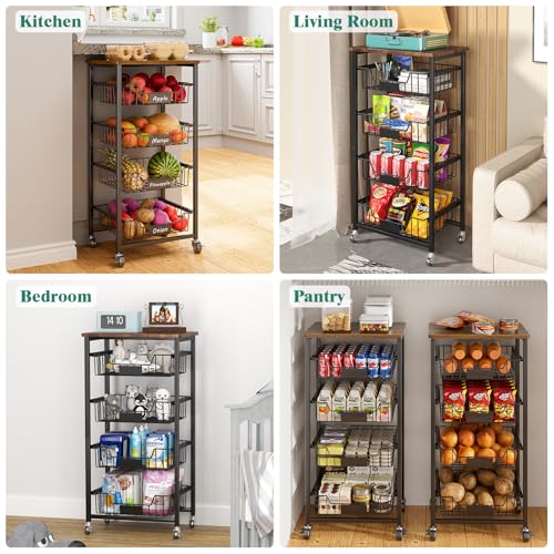 5 Tier Vegetable Fruit Basket Kitchen Storage Rolling Cart on Wheels with Pull (5 Tier / Black)