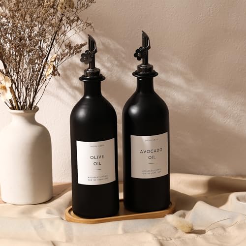 Olive Oil Dispenser for Kitchen (16oz-Black&Black Spout+Tray / 16 fl oz)