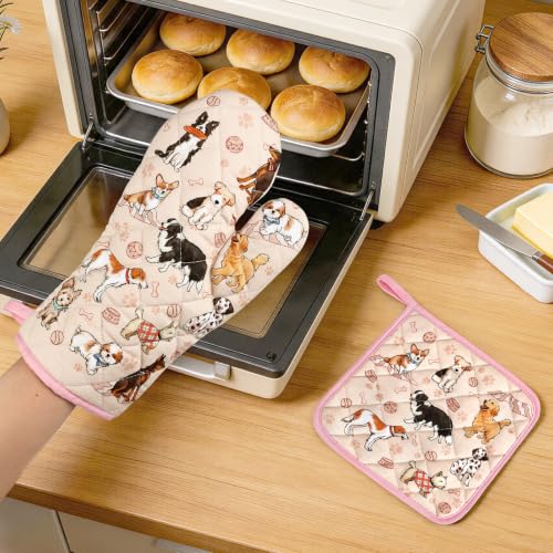 Cute Dog Oven Mitts and Pot Holders Set (Dog / Oven Mitt x2 & Pot Holder x2)