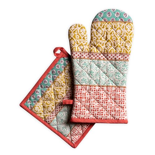 100% Cotton Oven Mitt & Pot Holder Set (002 - Provence / 7.5" x 13" & 8" x 8" (Oven Mitt & Pot Holder))
