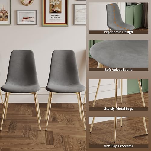 36" Round Glass Dining Table Set for 4 (Gold Round Table/Grey Velvet Chairs / 5 Pieces)