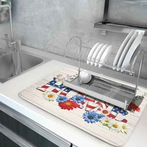 American Flag Dish Drying Mat Home Flowers Absorbent Dishes Pad for Kitchen Counter 18 X 24 In (Patriotic Home 605 / 24" x 18")