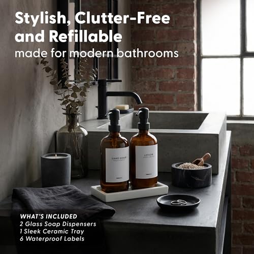 Bathroom Soap Dispenser Set (Amber Bottles Black Pumps)
