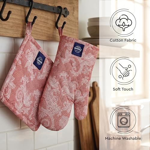 Oven Mitts and Pot Holders Set (Oven Glove + Pot Holder / Floral Red)