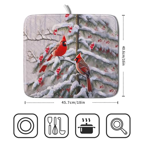 Red Birds Dish Drying Mat Winter Berry Dish Drainer Mats Absorbent Reversible Microfiber Kitchen Countertop Protector Dishes Pad 16x18 inch (Winter Red Bird / 16" x 18")