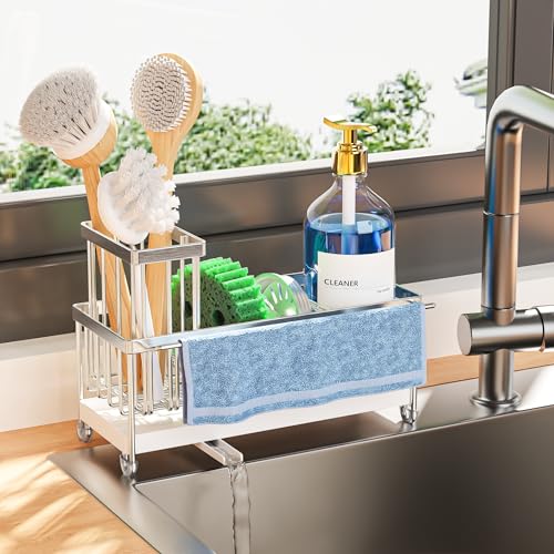 Sponge Holder for Kitchen Sink (Silver With Towel Rack - 9.25″)
