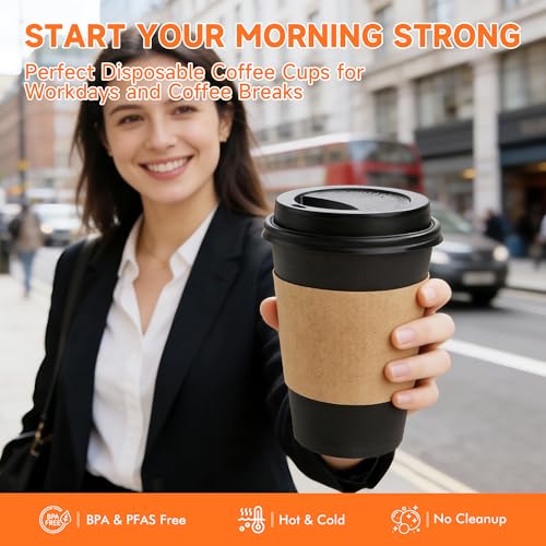 500 Pack 12 oz Disposable Coffee Cups with Lids and Sleeves (Black / 12 oz)