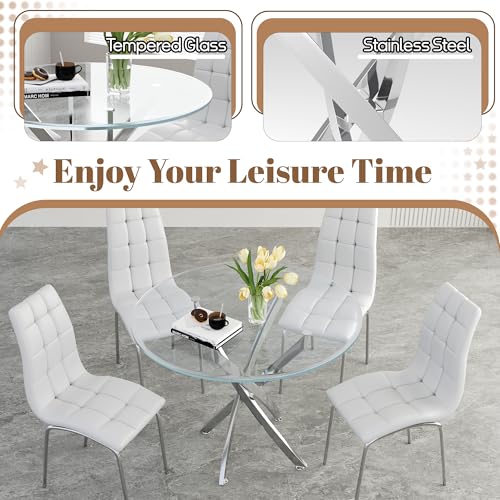 5 Piece Round Glass Dining Table Set (Silver Round Table/White Pu Chairs / 5 Pieces)