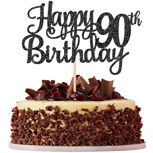 1 PCS Happy 90th Birthday Cake Topper Glitter Cheers to 90 Years Birthday Cake Pick 90 Fabulous Cake Decoration for Happy 90th Birthday Theme Party Decorations Supplies Black (Black / 90th)