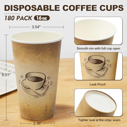 180 Pack 16 oz Coffee Cups Disposable Hot Paper Cups (16OZ-180)