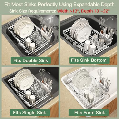 White Expandable Dish Drying Rack Over Sink with Extra Drying Mat (White / For 13"-30" W Sink with Mat)