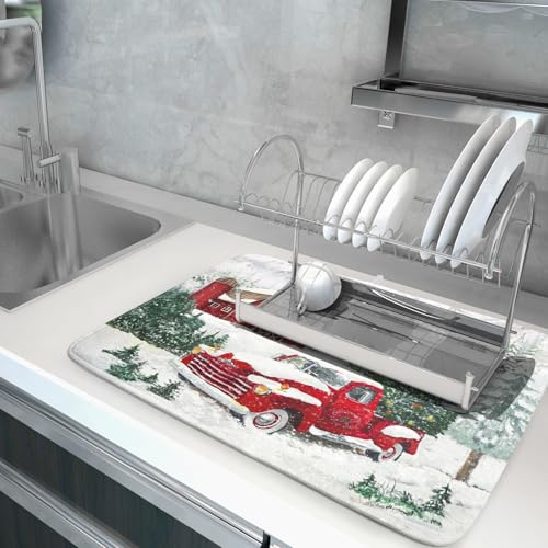 Winter Red Truck Dish Drying Mat Christmas Tree Dishes Pad 18x24 Inch Dish Drainer Rack Mats Absorbent Fast Dry Kitchen Holiday Accessories (Christmas Red Truck / 18" x 24")
