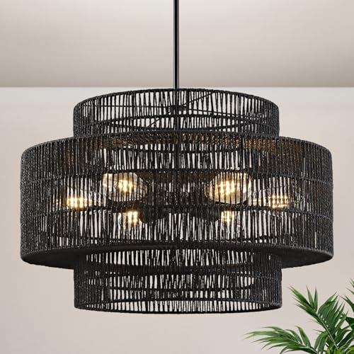 24" Black Rattan Chandelier for Dining Room (Black / 24" 6-Light)