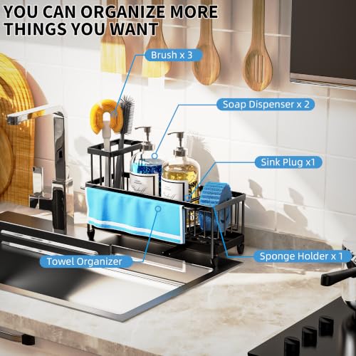 Larger Version Sponge Holder for Kitchen Sink (Black with Towel Rack)