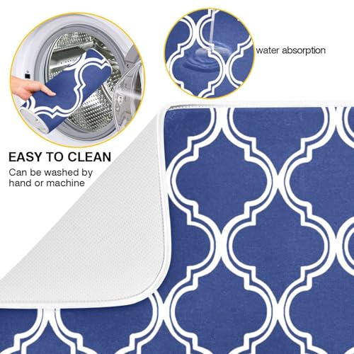 Navy Blue Trellis Lattice Dish Drying Mat for Kitchen Counter Absorbent Microfiber Drying Pad (18" x 24")