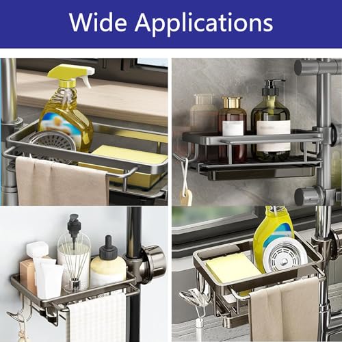 Kitchen Sink Faucet Organizer Multifunction Sponge Holder Organizer Sink Drain Holder Over Faucet Kitchen Sink Caddy with Hook Adjustable for 0.7 (Large / Black)