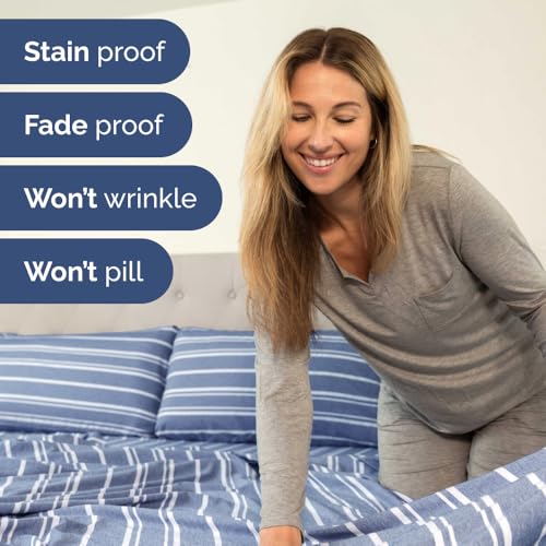 Short Queen Size 4 Piece Bed Sheet Set (42 - Blue Stripes 3 / Short Queen)