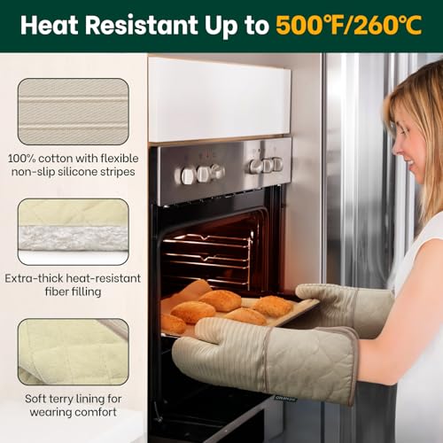 Heat Resistant 500°F Kitchen Oven Mitts 2 (Beige)