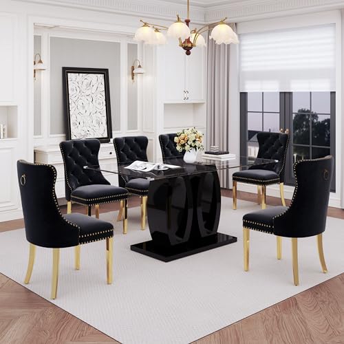 63" Glass Dining Table Set for 6 (Black Table & Gold Black Chair / 7-Piece Set-Double O-Shaped Table)