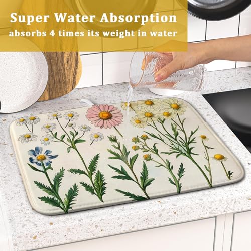 Vintage Wildflowers Dish Drying Pad Daisy Floral Microfiber Drainer Rack for Coffee Bar 16 X 18 Inch (Blossom Daisy 1104 / 18" x 16")