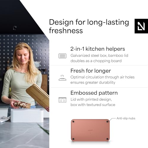 Bread Box I Metal Box for long lasting freshness I Bread Bin with bamboo lid usable as cutting board I 13.4x7.7x5.3In