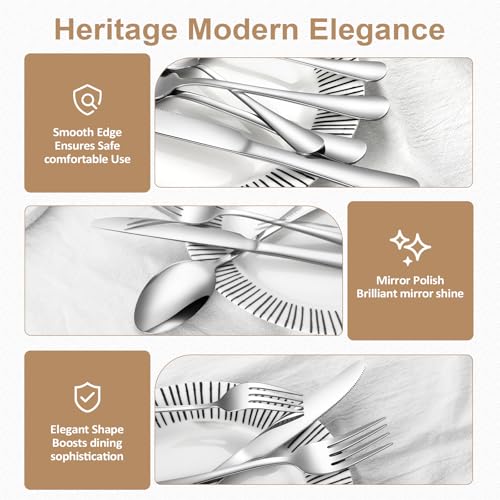 Silverware Set 60 Piece Stainless Steel Flatware Set Silverware Utensils for 12 People Includes Forks Knives Spoons & Salad Forks Dishwasher Safe for Home Restaurant or Outdoor Use (Silver / 60-Piece)