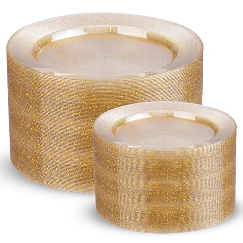 200 Pcs Gold Glitter Plastic Plates (Gold Glitter / 200 Pcs)