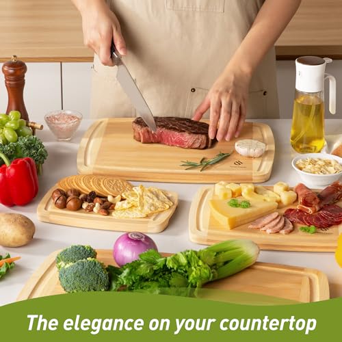 Bamboo Cutting Board Set Non Slip Feet Over Sink Men Husband Birthday Christmas Xmas Valentines Father Day Gifts Ideal from Wife Romantic Anniversary Best Cool Gadget Awesome Who Have Everything (4-Piece / Two-Tone Bamboo)
