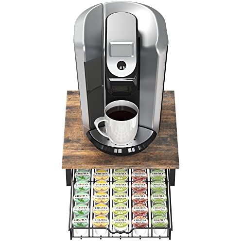 K Cup Holder Drawer for 30 Coffee Pods Storage (30 Capsules / Rustic Brown with Wood Top)