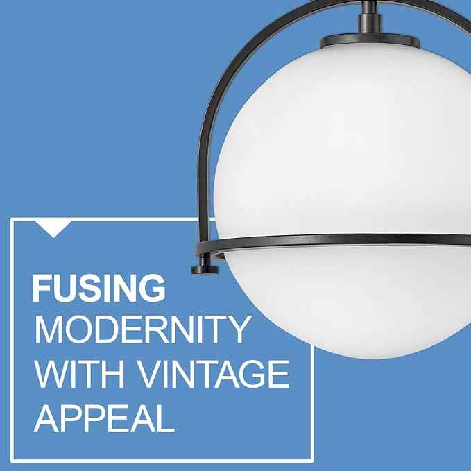 Hinkley Somerset Small Pendant Light, Etched Opal Glass Modern Globe Shade, Adjustable Height, Sloped Ceiling Compatible, Vintage-Inspired Metal Yoke Frame, Dry Rated, Black Finish