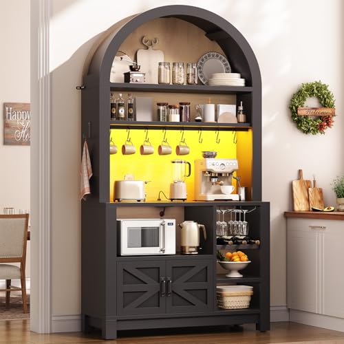 73" Tall Arched Bakers Rack with Power Outlet and LED Light (Black)