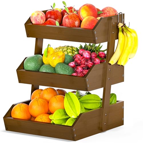 Bamboo Fruit Basket for Kitchen (3-Tier Walnut)