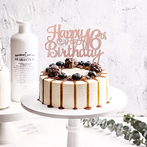 1 PCS Happy 16th Birthday Cake Topper Glitter Cheers to 16 Years Birthday Cake Pick Sweet 16 Fabulous Cake Decoration for Happy 16th Birthday Theme Party Decorations Supplies Rose Gold (Rose Gold / 16th)