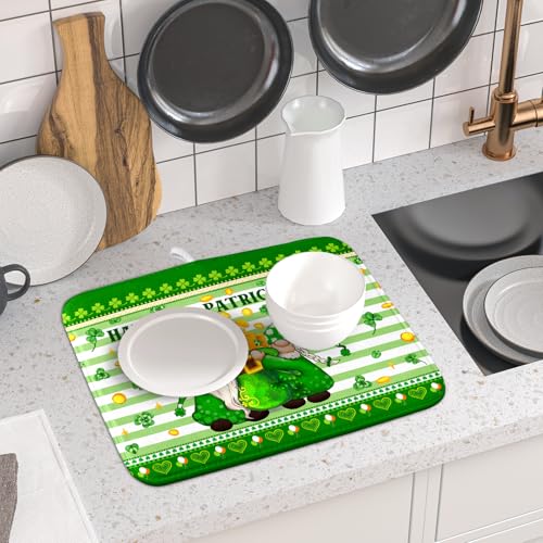 Shamrock Gnome Dish Drying Mat Coin Clover Dishes Fast Dry Mat 16x18 inch Absorbent Microfiber Dishware Drainer Pad for Kitchen Counter Sink (Shamrock Gnome Coin / 16" x 18")