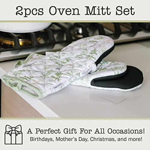 Heat Resistant Designer Kitchen Oven Mitts with Neoprene Non (Green Herbs)