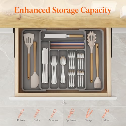 Expandable Silverware Drawer Organizer (Gray / Large Deep（11.8-19.6'W x 15''D）)