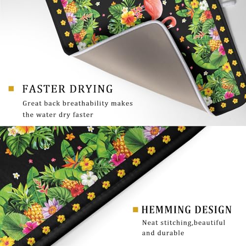 Tropical Flamingo Dish Drying Mat Palm Leaves Absorbent Dishes Drainer Pad Microfiber Dish Rack Mat for Kitchen Countertop Decor 18x24 Inch (Flamingo Leaves / 24" x 24")