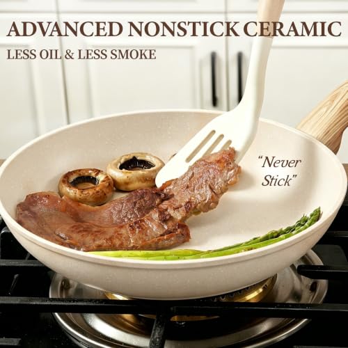 26Pcs Pots and Pans Nonstick Ceramic Cookware Set Non Toxic Kitchen Cooking Set with Steamer Utensils Induction Compatible (Beige)