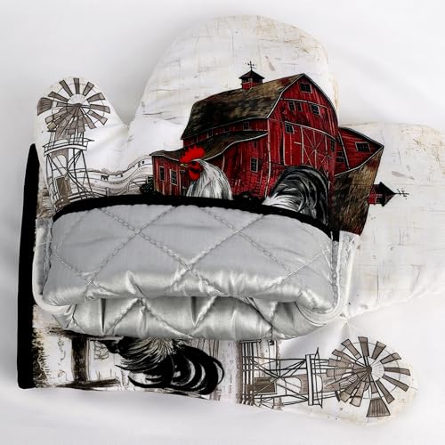 Rooster Print Oven Mitts and Pot Holders Sets of 4 Rustic Chicken Kitchen Mitts Potholders Heat Resistant Farmhouse Cute Oven Gloves Hot Pads for Chicken Kitchen Decor (Red Beige)