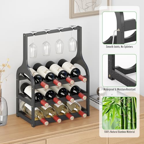 Bamboo Wine Rack Countertop (Black 3-tier With Glass Holder)