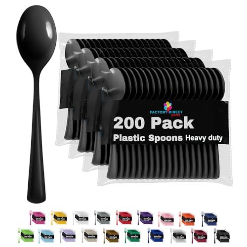Party Solids Black Plastic Spoons 200 Pieces Black Spoons Disposable Utensils Heavy Duty Plastic Cutlery Set Disposable Cutlery Sets Flatware Sets Silverware Set Party Supplies & Party Tableware (Black / Spoons)