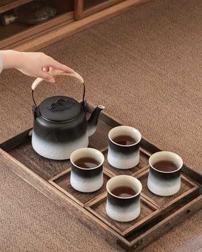 Japanese Tea Set with 4 Cups (Black/White / 33.8oz Teapot&4 of 8oz Cups)